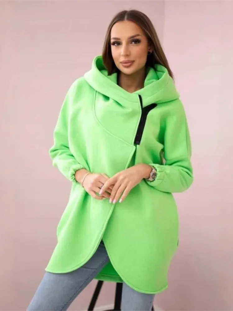 

Fashion Hooded Long-sleeved Velvet Sweatshirt Jacket Women Autumn Elegant Solid Color Irregular Zipper Long Loose Coat Female
