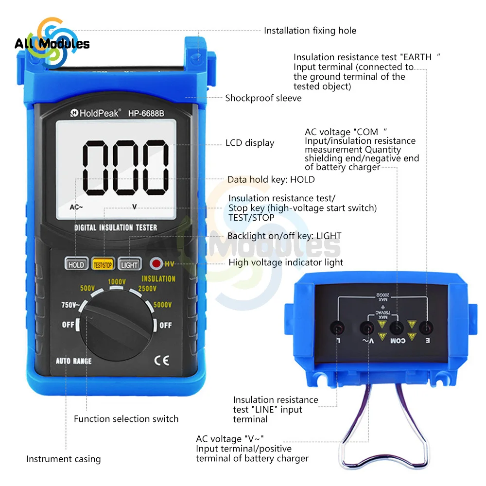 Digital Insulation Resistance Tester HP-6688B 500V to 5000V Voltage Test, 200G Ohms Megohmmeter Auto Ranging Data Hold