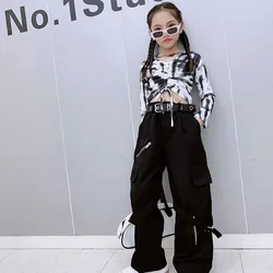 Jazz Dance Hip Hop Pants Baby Girls Clothes Teenage Black Cargo Pants Streetwear Belted Kids Clothing Y2k Zipper 6 To 16 Years