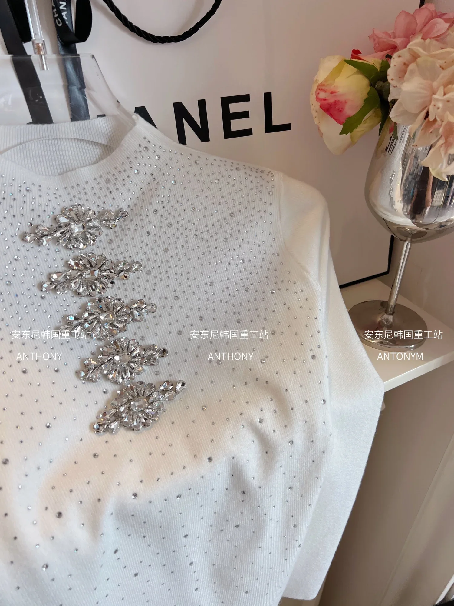 Luxury Heavy Industry Rhinestone Knitted Sweater for Women Slim Elastic Hot Diamond Long Sleeve Bottoming Sweater White