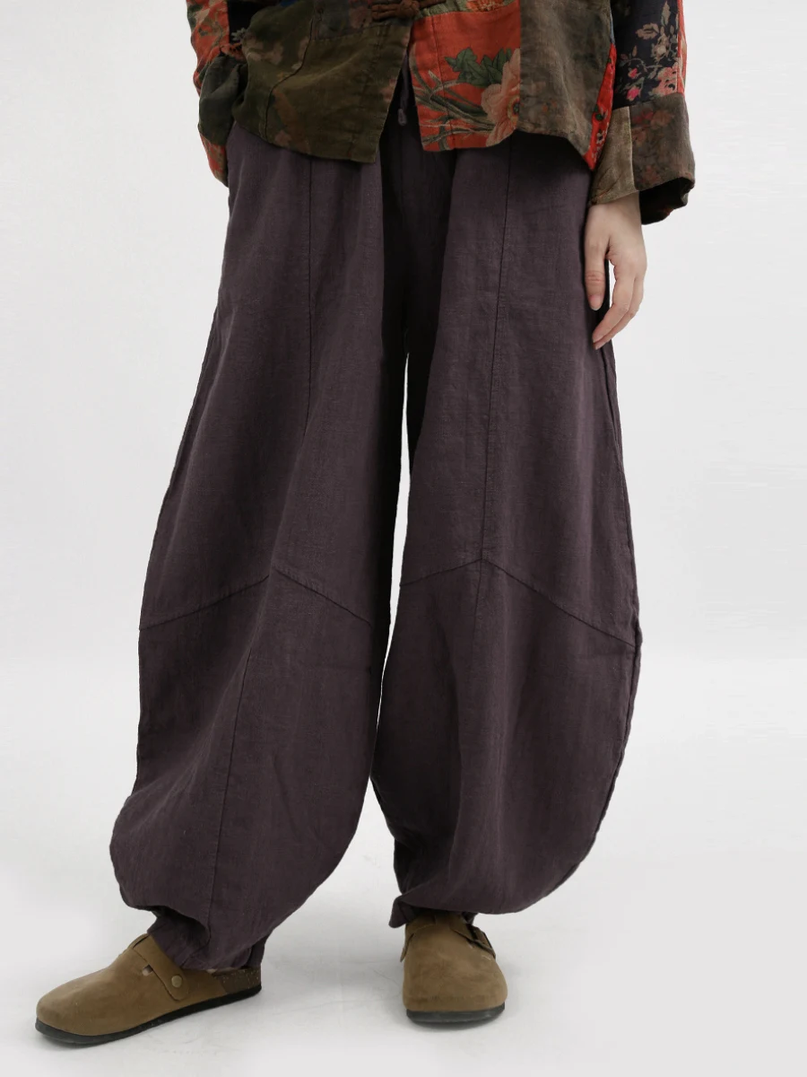 

Свободные хлопковые льняные брюки-фонарики с эластичным поясом, однотонные, в винтажном стиле, повседневные, универсальные, длинные, для женщин