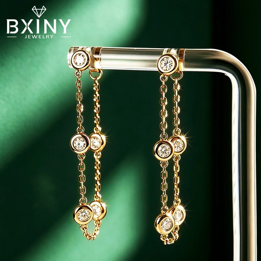 BXINY 3mm Bubble Moissanite Long Tassel Dangle Earrings Pure S925 Silver Diamond Drop Ear Studs for Women Party Gift Jewelry GRA