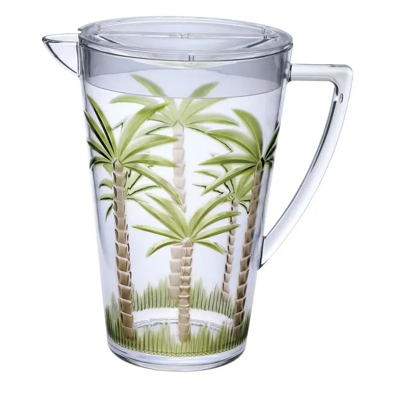 

2.75 Qt Unbreakable Plastic Water Pitcher with Lid, Palm Tree Design, BPA Free Juice Pitcher with Spout