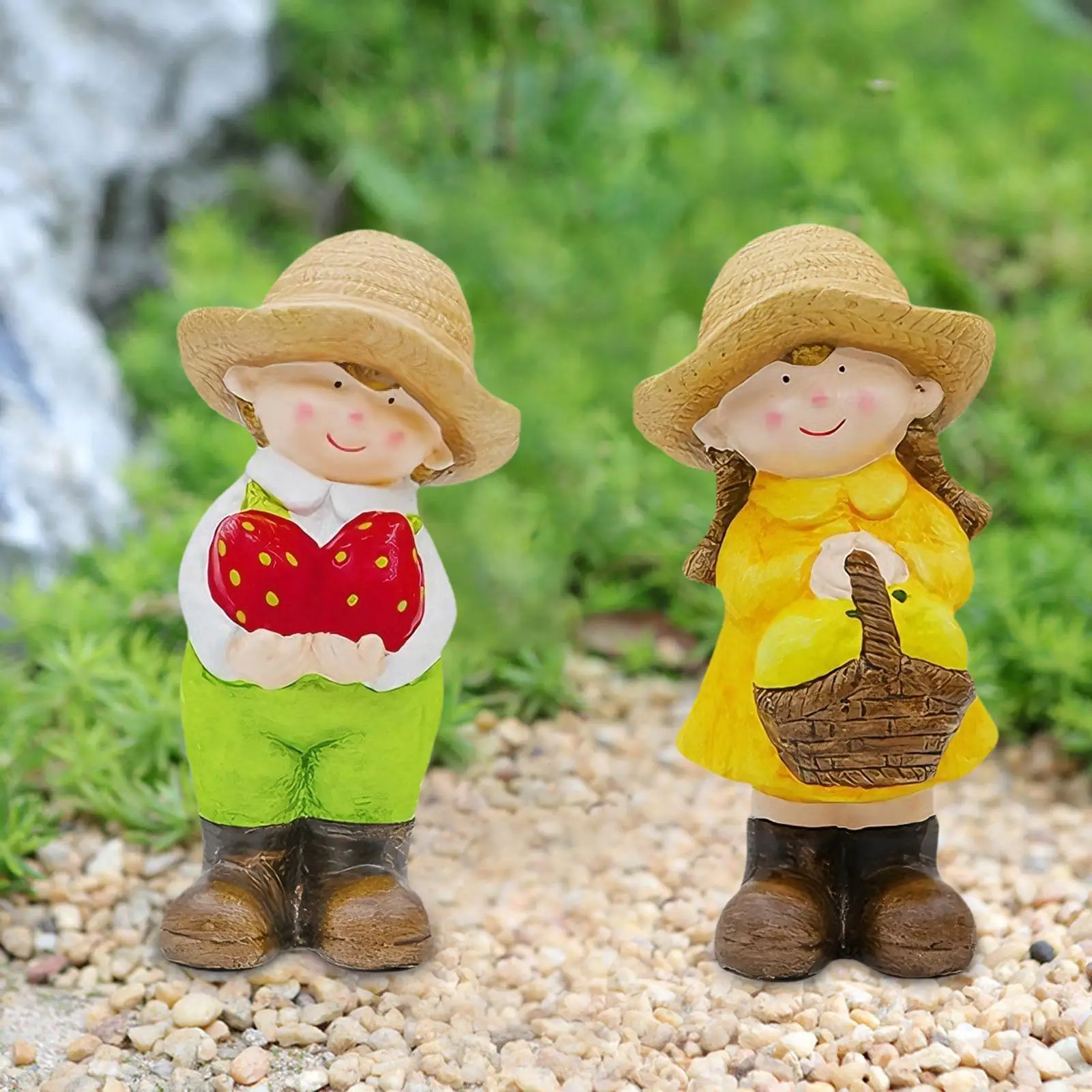 2 Pieces Decorative Figurines Boy Girl Garden Statues Ceramic Cute Lawn Ornaments for Lawn Office Patio Table Birthday Gift