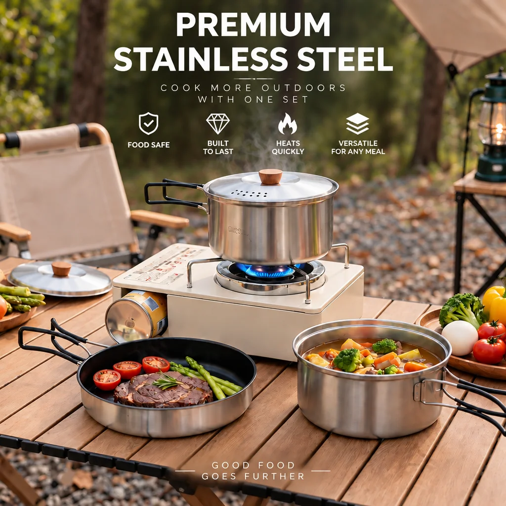 Stainless Steel Camping Cookware Set Folding Handle Portable Outdoor Pot Pan Kit For Camping Hiking Backpacking Travel Cooking