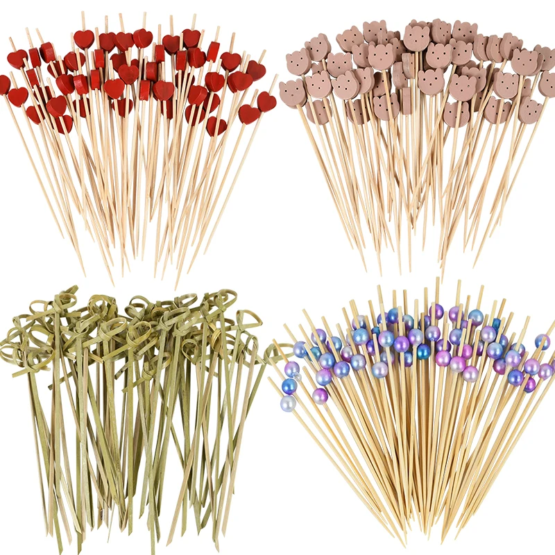 100pcs Disposable Bamboo Food Fruit Toothpick Cute Bear Flamingo Buffet Cake Dessert Fork Stick for Wedding Birthday Party Decor