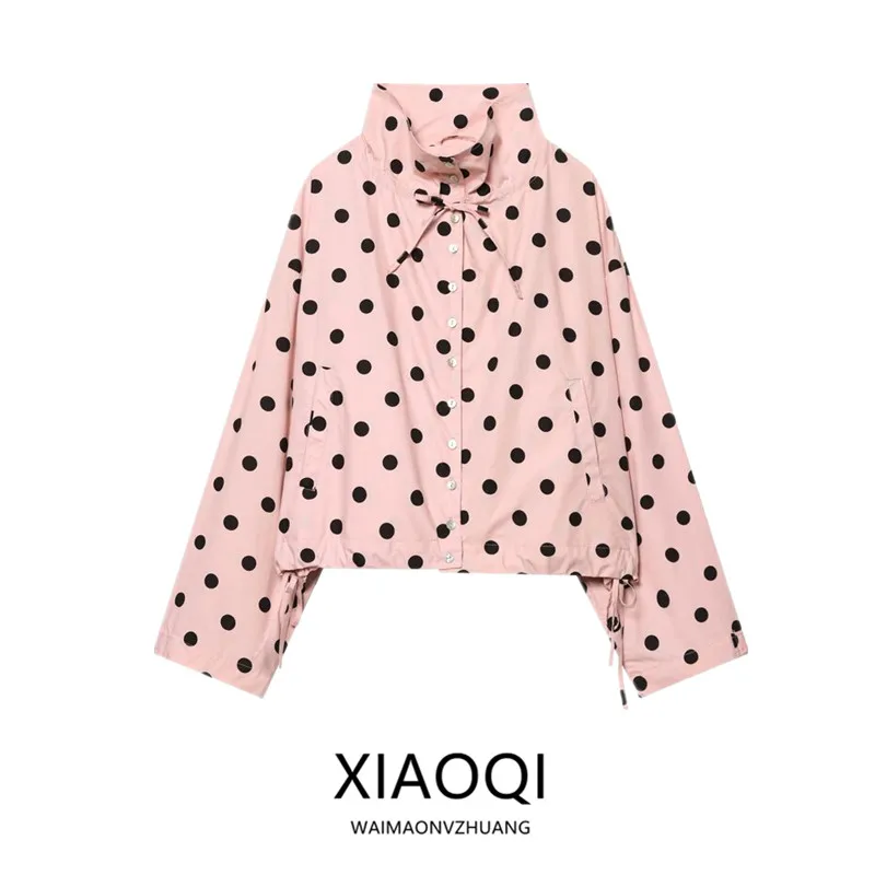 

Spring 2026 Casual Versatile Polka Dot Stand Collar Coat Women's Fashion Commute Style Loose Fit Long Sleeve Button Closure