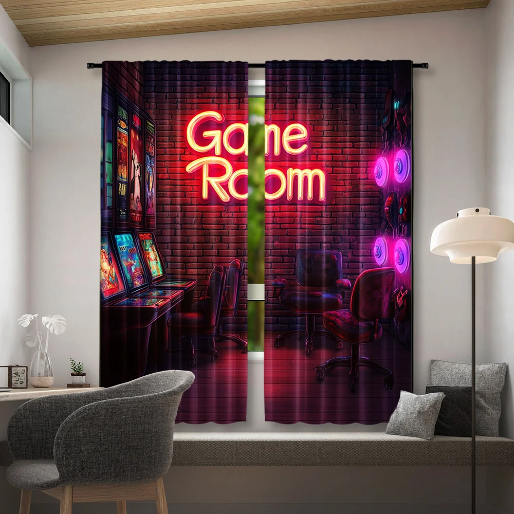 Neon Game Room Curtain 2 Panels, Pinball Machine Red Brick Wall Neon Sign Dark Game Hall Print, Drapes for Bedroom Curtain