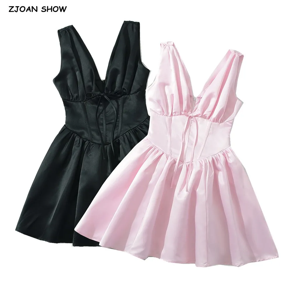 2025 프린세스 스테인 플리츠 구김 스트랩 보닝 슬림 로우 웨이스트 탱크 원피스, 여성 활 V 넥 주름 밑단, A 라인 민소매 드레스