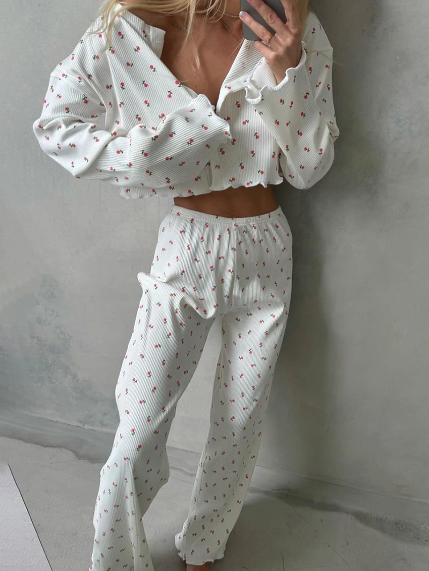 Marthaqiqi Printing Causal Ladies Nightwear Set O-Neck Sleepwear Long Sleeve Pajama Crop Top Nightgowns Pants Femme Nightie Suit