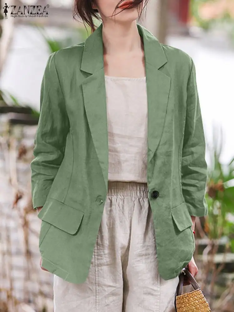 ZANZEA Casual Fall 2024 Blazer Pure Cotton Notched Lapel Korean Fashion Women Leisure Blazer Elegant Ruched 3/4 Sleeve Suit Tops