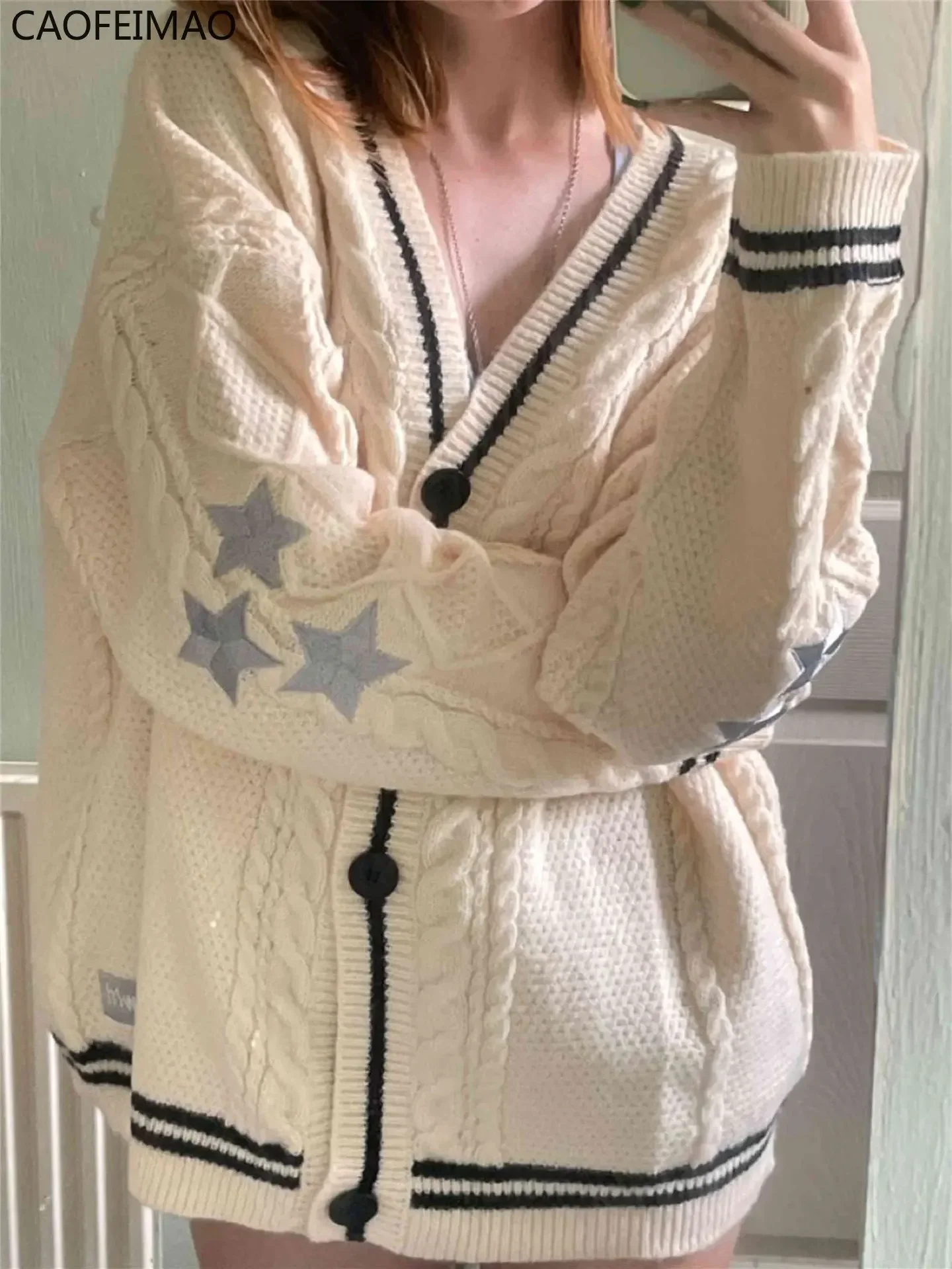 Caofeimao Autumn Tay Women Star Embroidered Cardigan V-neck Knitted Sweater Fashion Warm  Beige Holiday Cardigan Women Cardigan