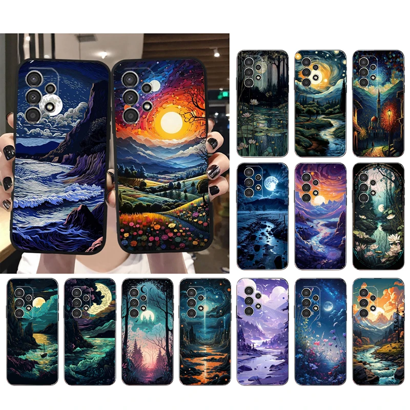 Landscape Moon Night River Mountains Art Phone Case For Samsung S23 S22 S21 S20 Ultra S20 S22 S21 S10E S21 S20 FE S24 Plus