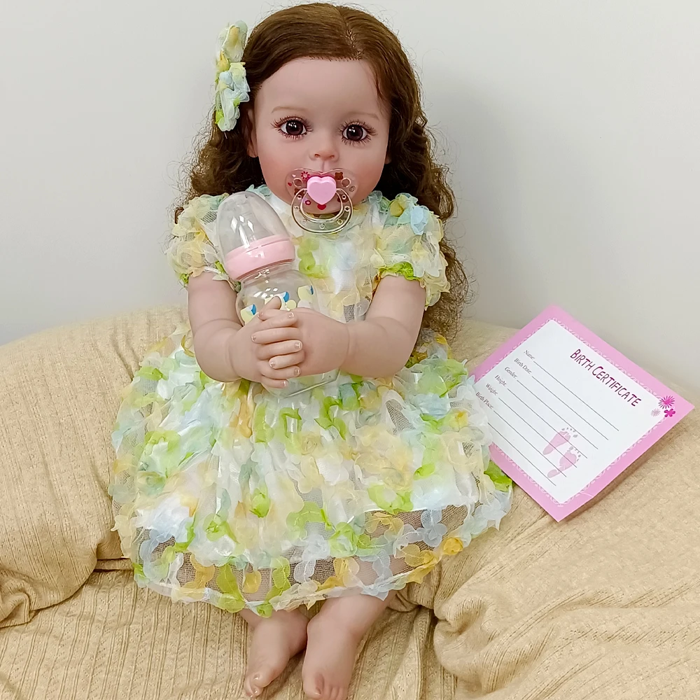 Rara boneca Rapunzel Reborn de vinil de 22" - cabelo loiro longo e encaracolado, olhos castanhos, vestido de princesa verde, poseável, caixa de presente e colecionadores