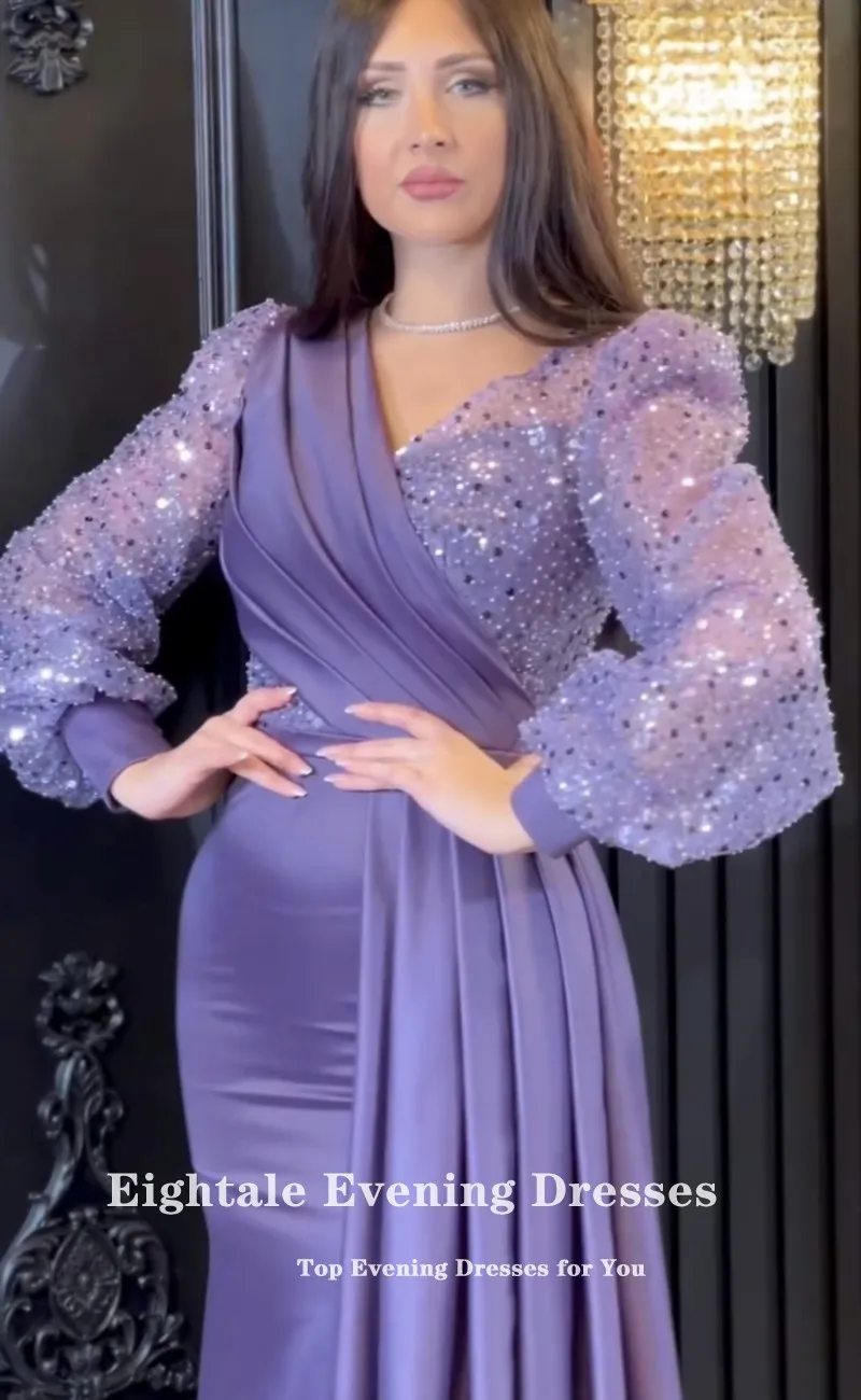 Eightale Dubai Luxury Evening Dress V-Neck Purple Customized Sequin Pearls Long Sleeves Mermaid Prom Party Gown for Wedding