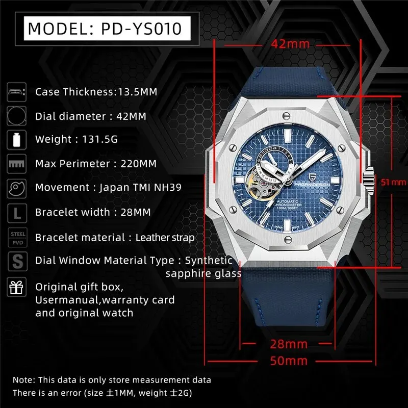 2024 New PAGANI DESIGN Automatic Watch For Men Mechanical Wristwatch NH39A Movt Stainless Steel Sapphire Glass Waterproof Clock