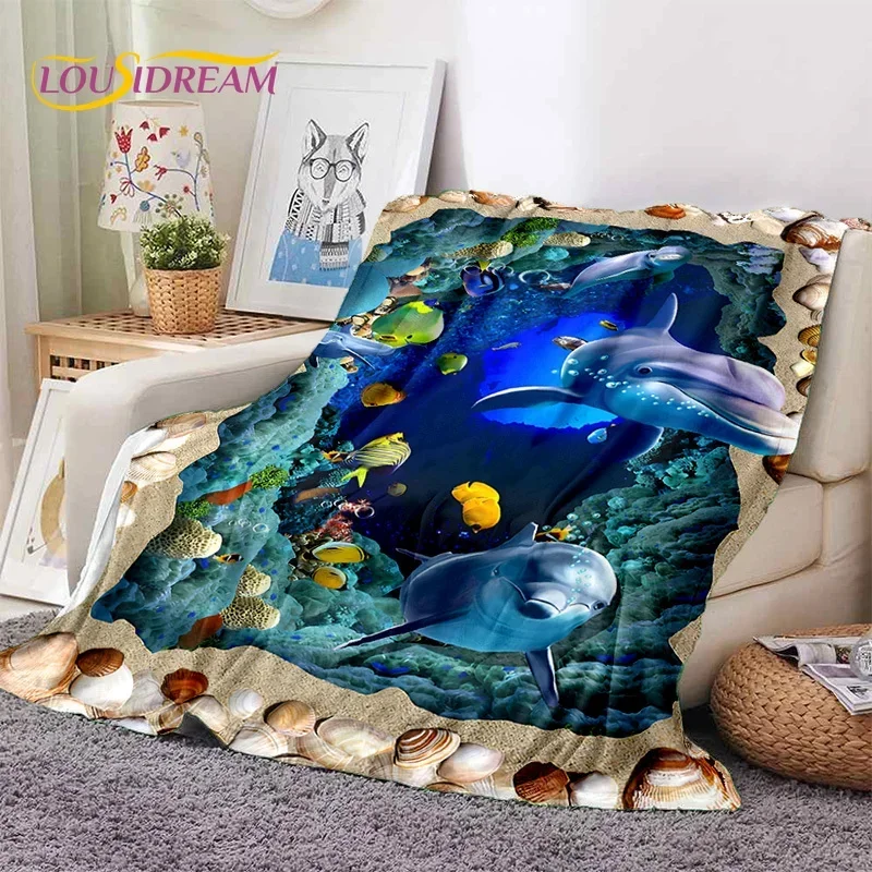 3D Illusion underwater world seabed shark dolphin bedroom sofa for picnic soft flannel blanket, throw blankets outdoors gifts