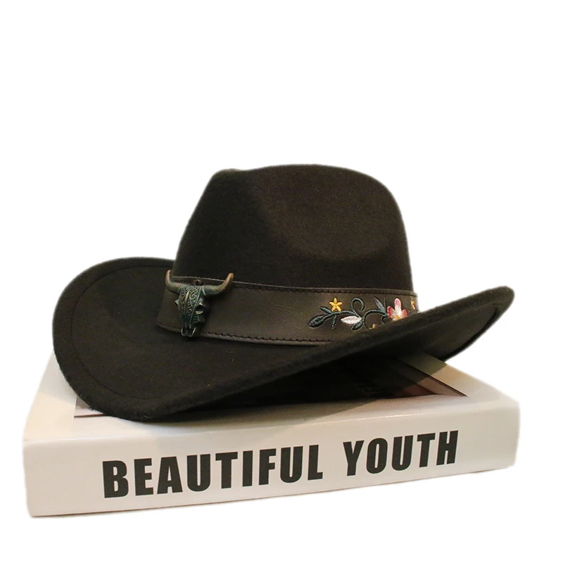 Retro Gradient Bull Head Leather Band Unisex Women Men /Kid Child Wool Wide Brim Sun Cowboy Western Hat Cowgirl Cap 54-57-61cm