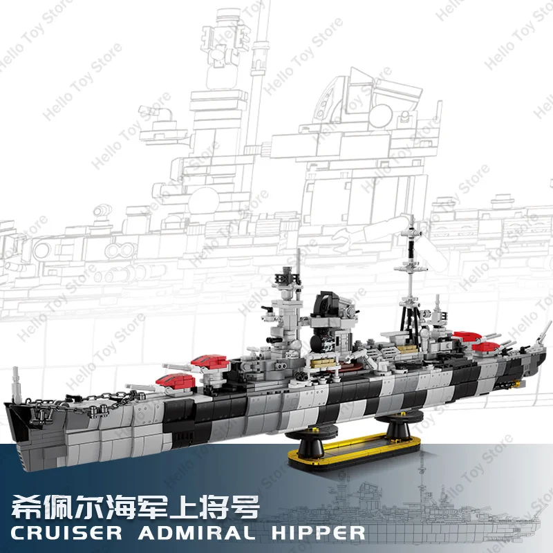 WW2 German Military Battleship Admiral Hipper Class Cruiser Building Blocks Warship Cruiser Model Bricks Kid Toy Birthday Gift