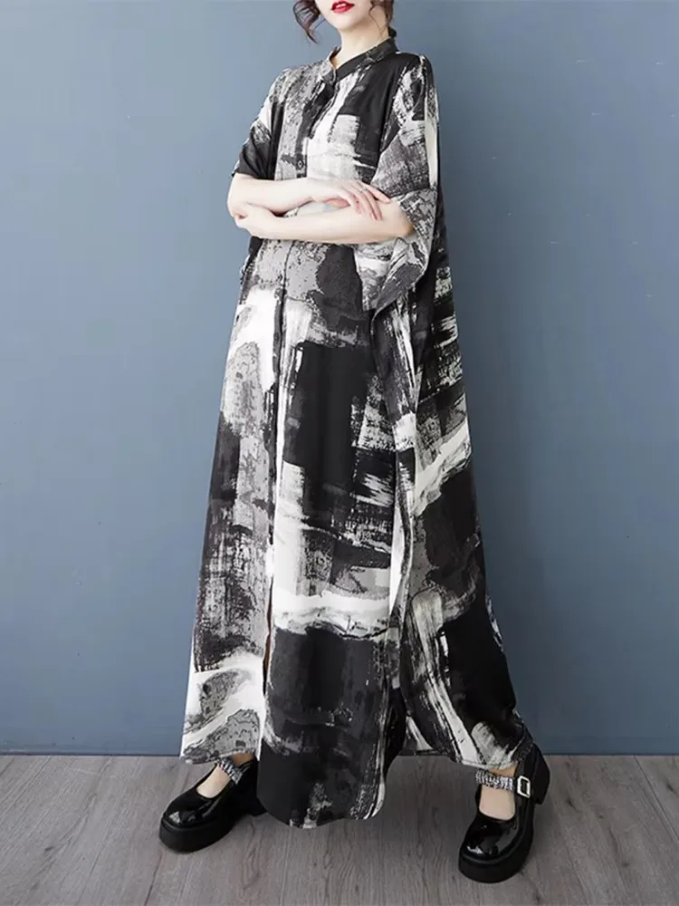 AmaxluluE Musim Panas 2025 Fashion Bohemia Wanita Gaun Cetak Ukuran Besar Wanita Kasual Longgar Vestidos Vintage Elegan Pakaian Panjang