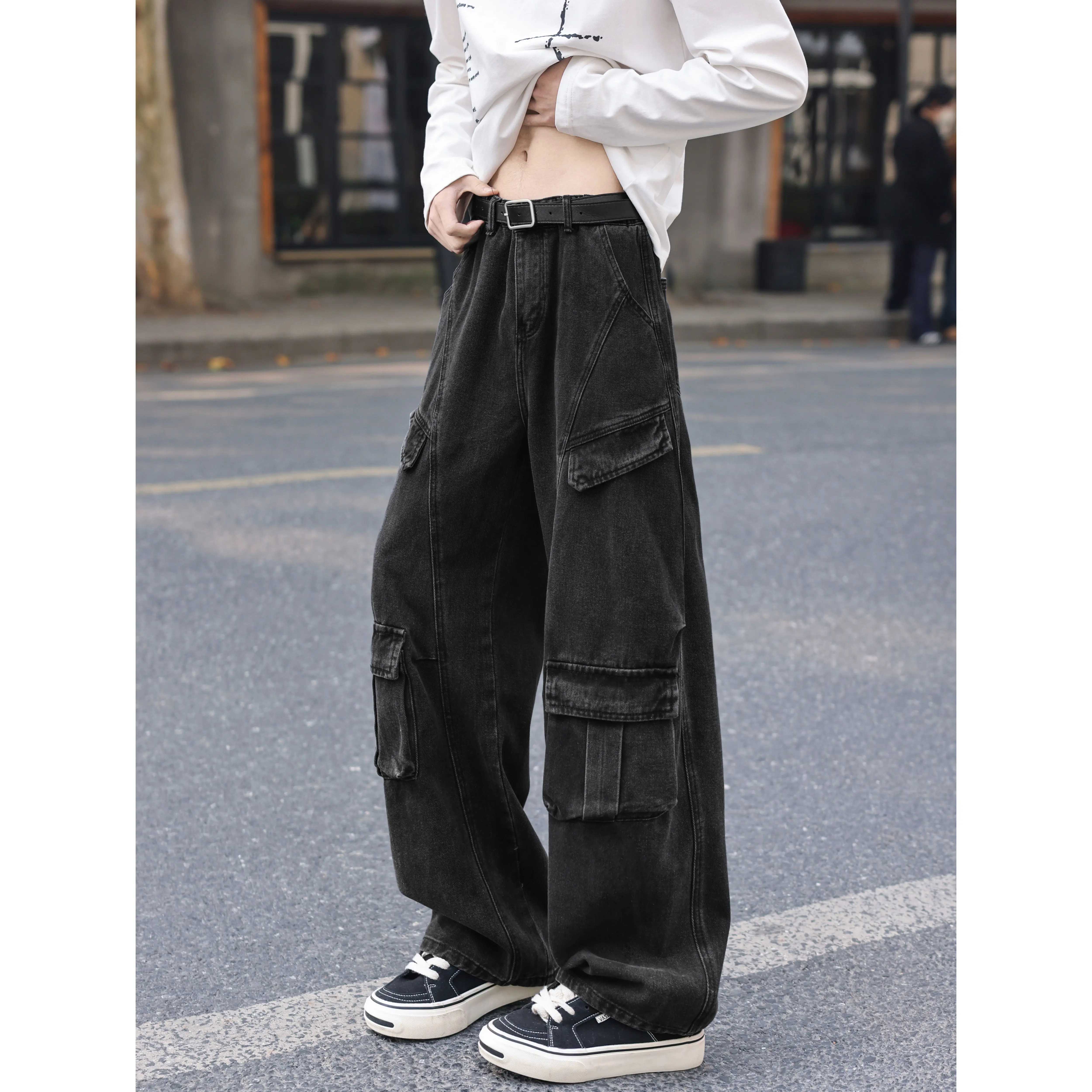 Men's Spring and Autumn Multi-Pocket Cargo Pants with Elastic Waistband and Drawstring Adjustment, Solid Color Multi-Pocket Long