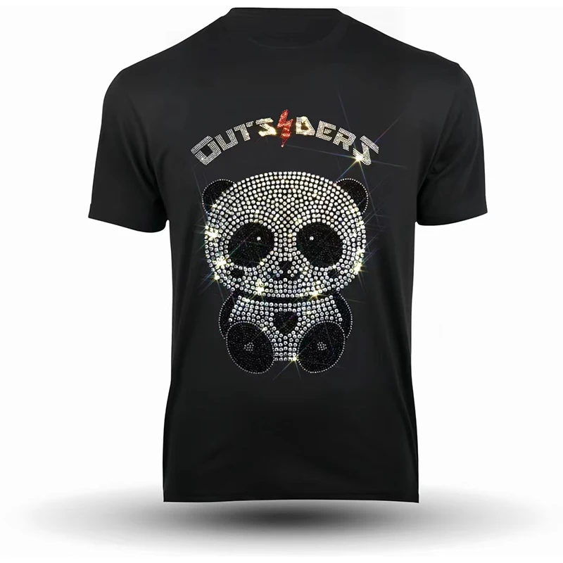 Social Mens Quality T-Shirts Casual Short Sleeve Clothing Tee Tops O-Neck Panda Rhinestone Streetwear Tshirt Y2k Oversized S-3XL