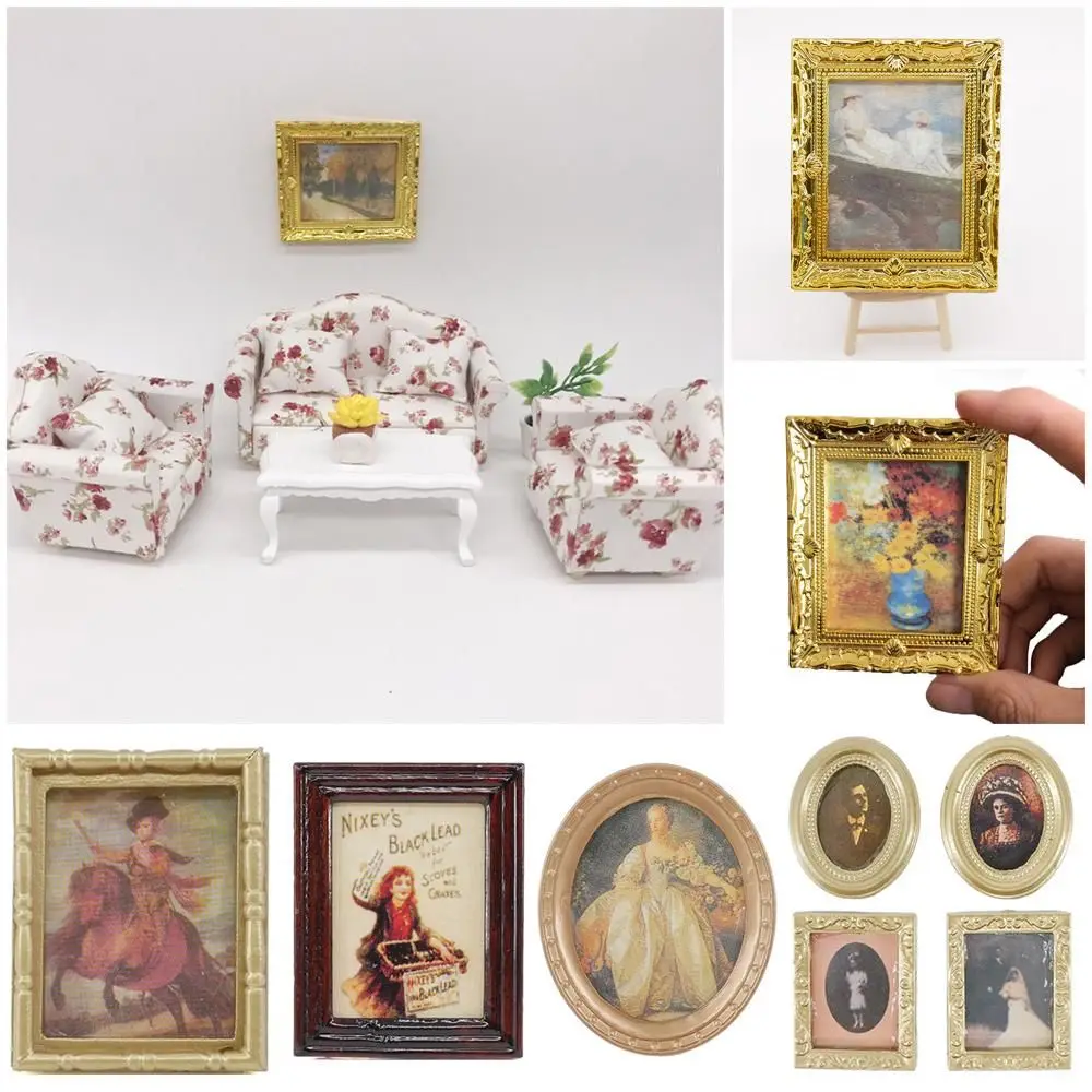 Retro Resin Craft Playing House Doll Accessories Vintage Framed Photos Miniature Oil Painting 1:12 Scale Mini Picture