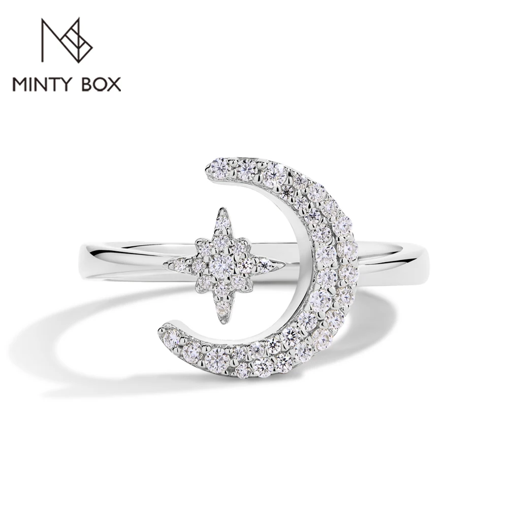 

MINTYBOX 0.242CTW Star Moon S925 Sterling Silver Moissanite Rings For Women Lab Diamond Ring 18K Gold Plated Wedding Jewelr Gift