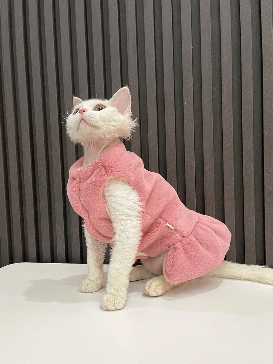 Winter Fleece Sweatshirt Vest for Sphynx Cat Warm Sweet Pink Dress for Kittens Soft Short Sleeves Thick Jacket for Devon Rex