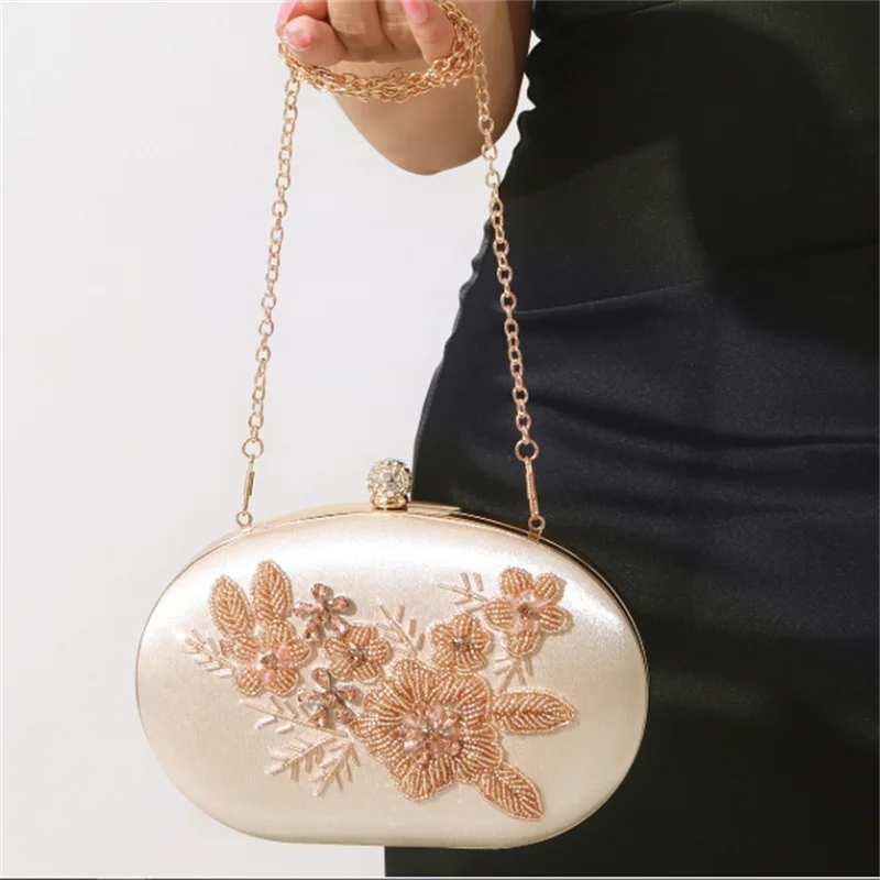 

2025 New Pearl Flowers Evening Bags Silk Party Banquet Wallets With Chain Egg Shpaped Evening Purse Drop Shopping