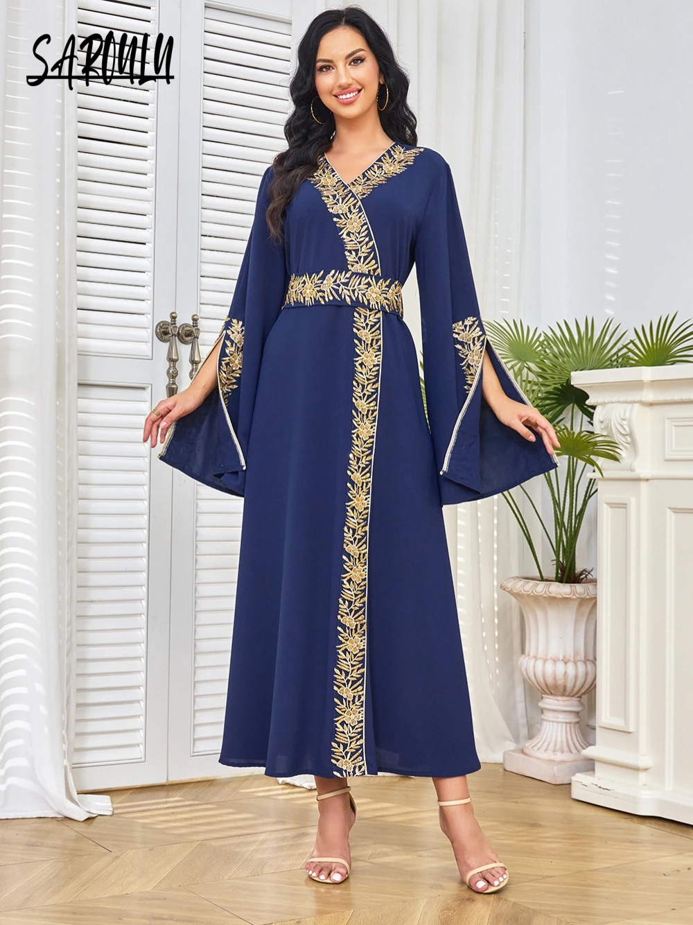 

Caftan Gold Lace Beaded V Neck Evening Dress Women Muslim A Line Prom Gown Casual Customized Fashion Dubai Arabic Plus Size