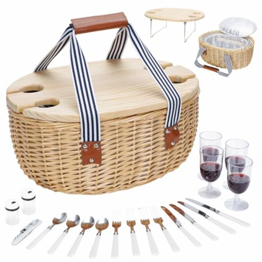 

Picnic Basket for 4 Insulated Wicker Hamper with Folding Table Willow Picnic Baskets Set with Large Insulated Cooler Bag for Ca