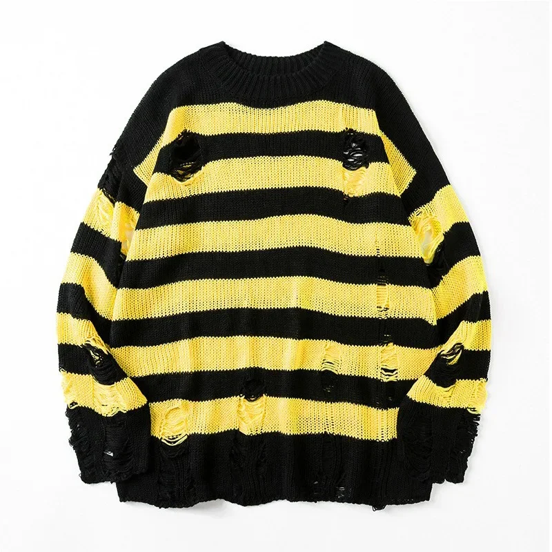 Men Pullovers Sweaters Striped Hole Tops Knitted Round Neck Full Sleeve Splice Simple Top Knit Casual Loose Autumn Winter 2024