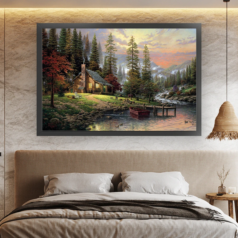 

Full Embroidery Cotton Thread 18CT Printed Lakeside Hut Cross Stitch Kit 60x40cm