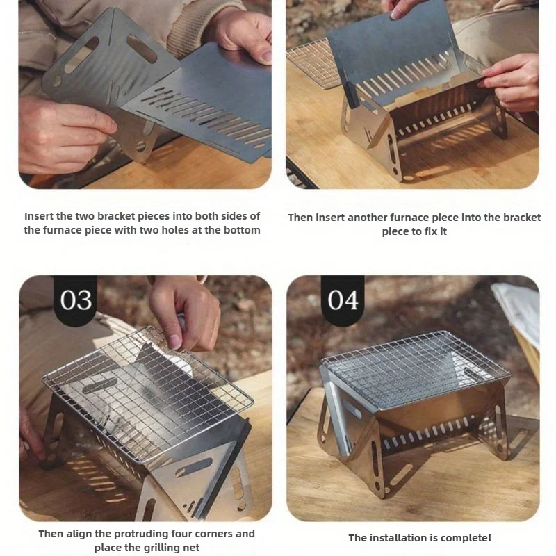 موقد خشبي صغير خفيف الوزن قابل للطي من الفولاذ المقاوم للصدأ في الهواء الطلق، شواية شواء محمولة للتخييم والطهي والتدفئة.