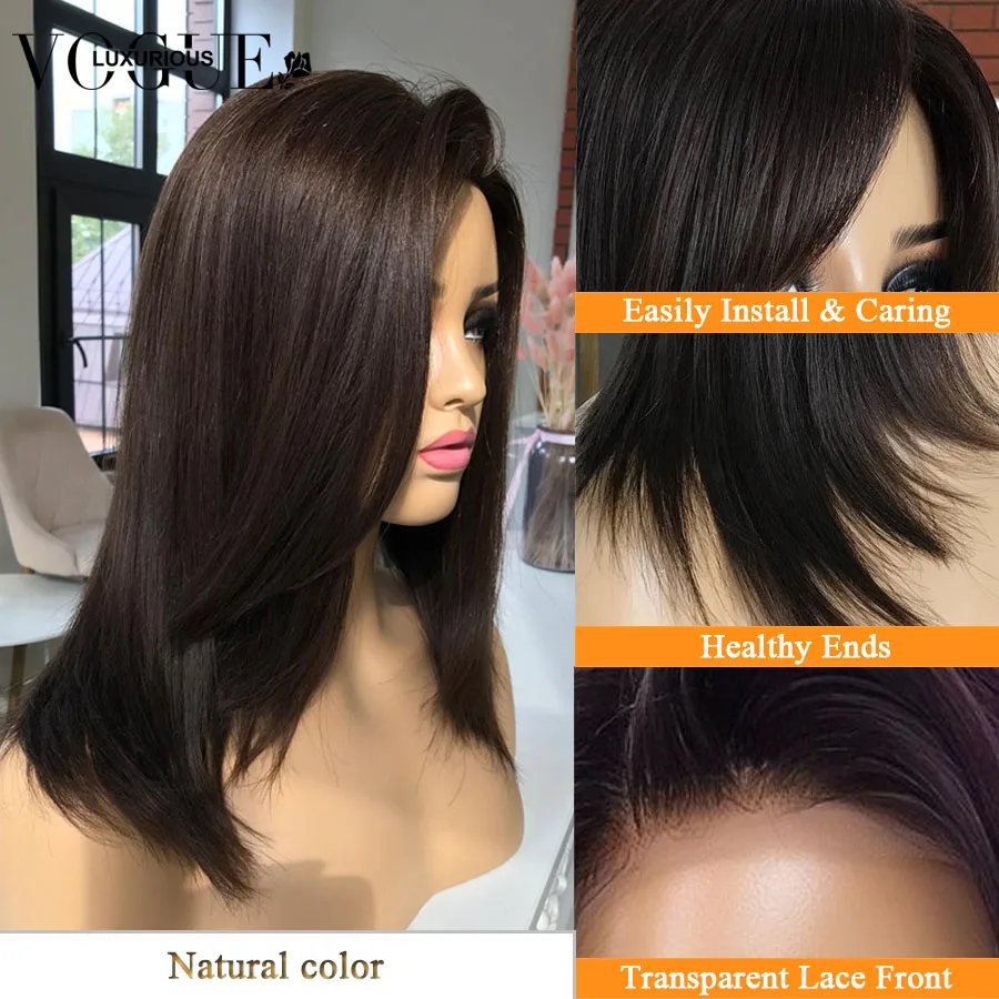 Ash Blonde Layers Straight 100% Real Human Hair Wig Natural Color Short Bob Wig 200% Density Preplucked 13x6 Lace Front Wigs