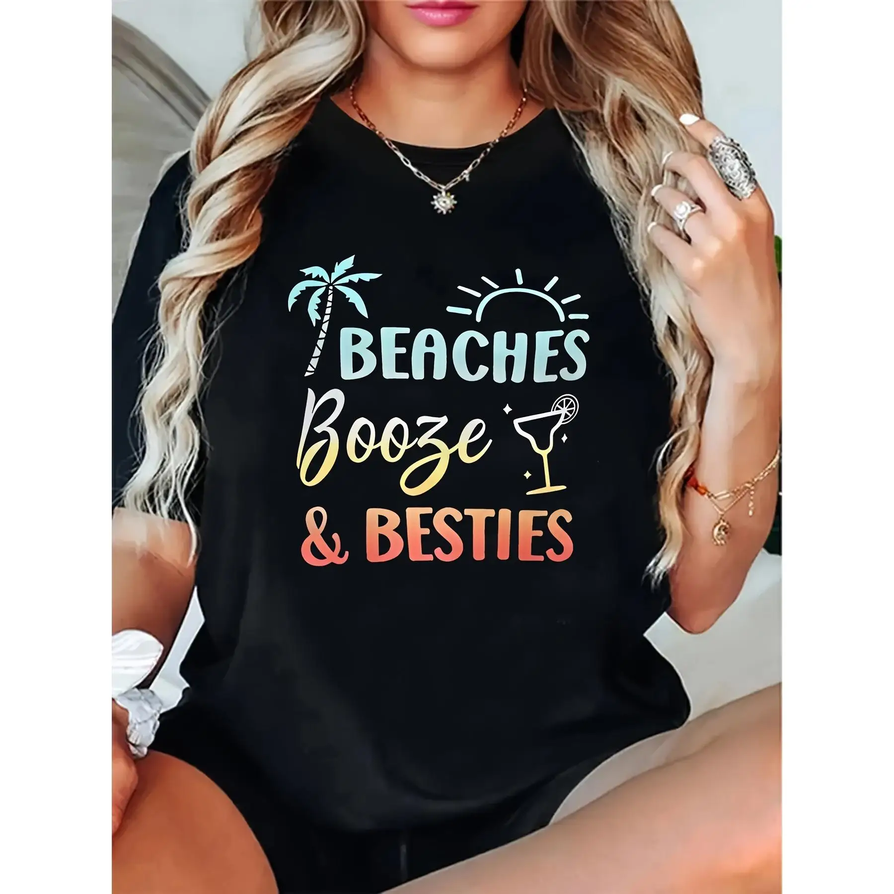 

Beaches Booze Besties T-shirt Women Funny Summer Vacation Graphic Tees Holiday Party Shirts for Friends Trip