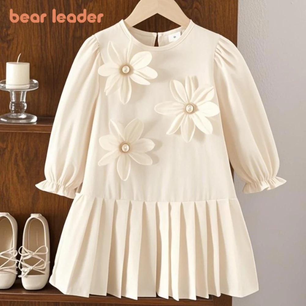 

Осенние однотонные повседневные платья с длинными рукавами Bear Leader для девочек, плиссированные детские платья в Корейском стиле с 3D цветочным декором