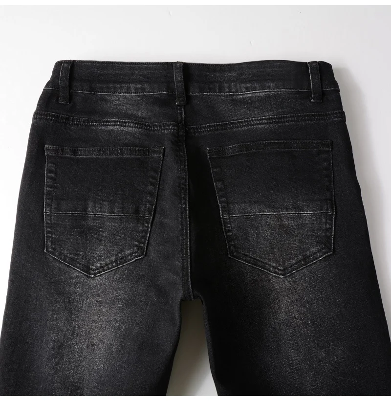 Herren Rote Rissige Plissierte Patchwork-Biker-Jeans Streetwear Stretch-Denim-Hose Skinny Tapered Schwarze Hose – Detail 13