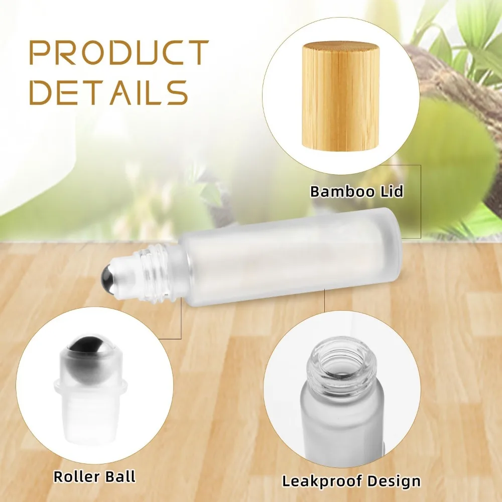 20 Stück Ätherische Öle Rollerflaschen aus Glas 10ml Nachfüllbarer Behälter mit Bambusdeckel Stahlkugeln Reise-Parfüm-Aufbewahrung – Detail 2