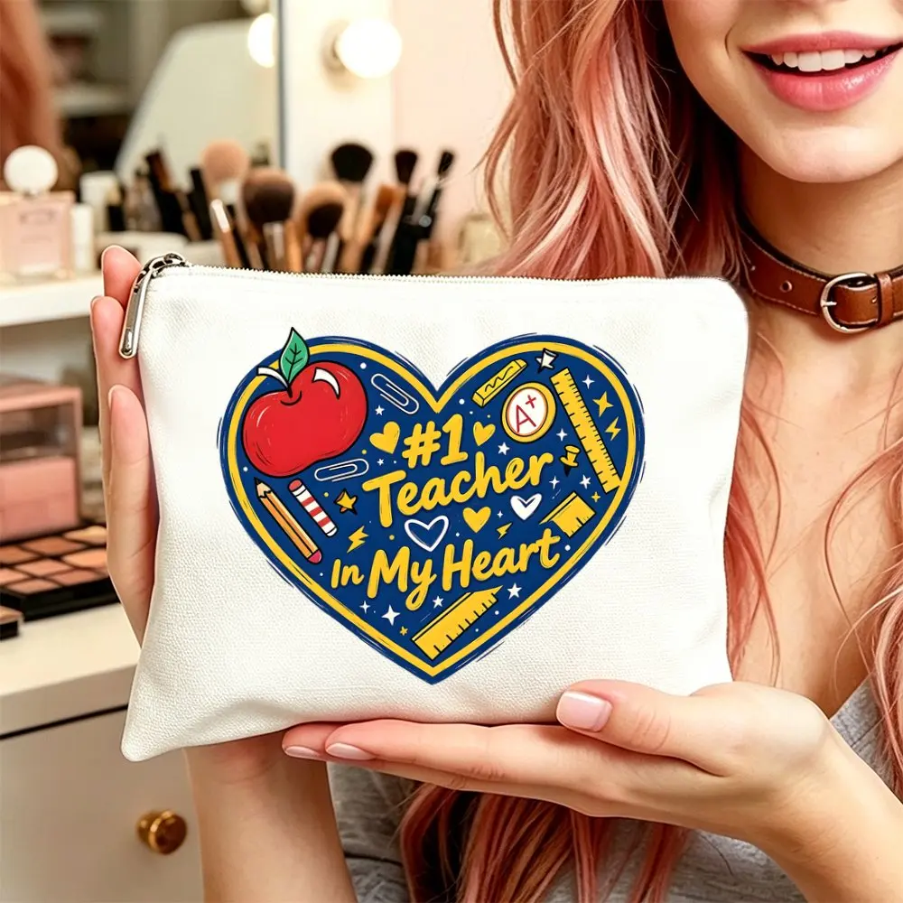 Teacher Themed Makeup Cosmetic Bag Women School Apple Print Toiletry Pouch Teacher Gift Zipper Closure Portable Pouch Teachers