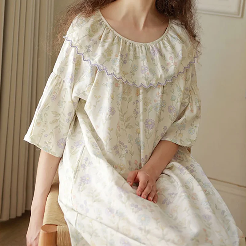 Pure Cotton Double-layer Gauze Cute Medium Long Short Sleeved Nightgown with Ruffle Collar Embroidered Printed Sleepwear