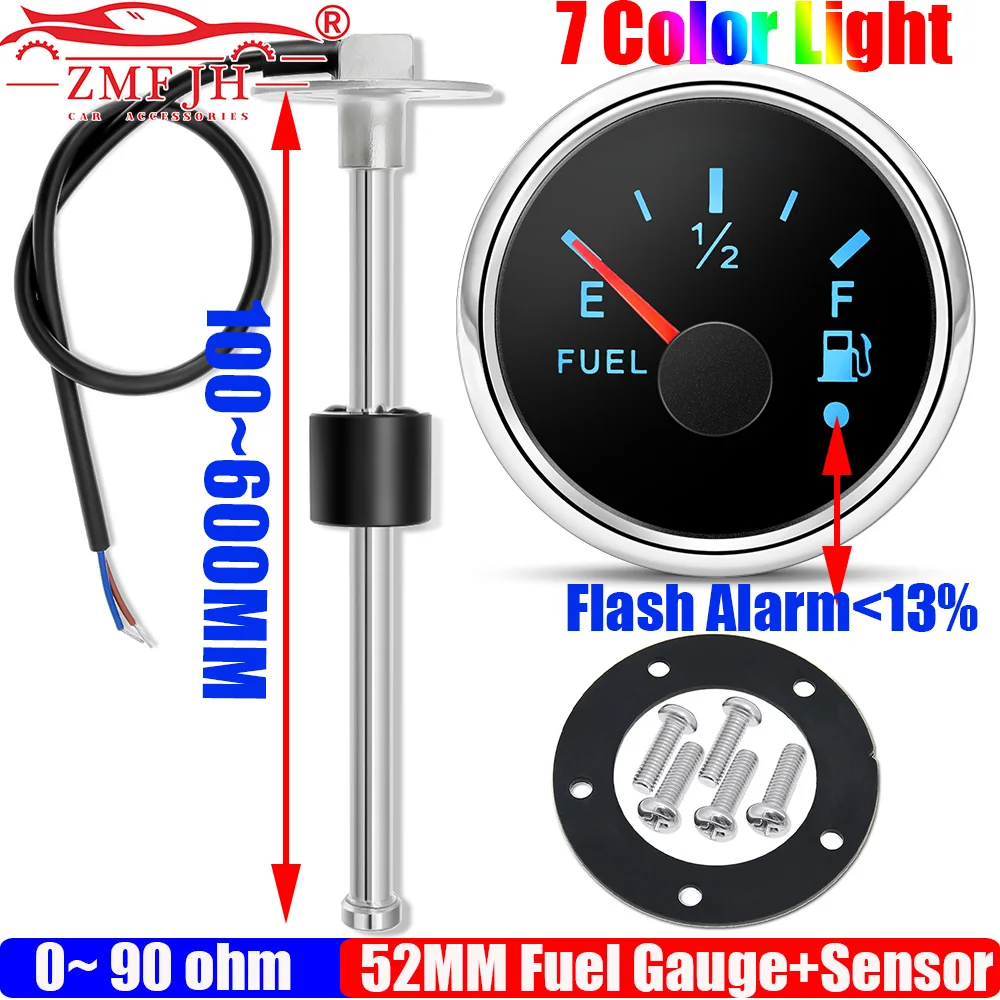 ZMFJH 0-90ohm 52MM Fuel Level Gauge with Flashing Alarm 7 Color Light Fuel Level Sensor 100-600MM for Marine Boat Yacht 12V24V