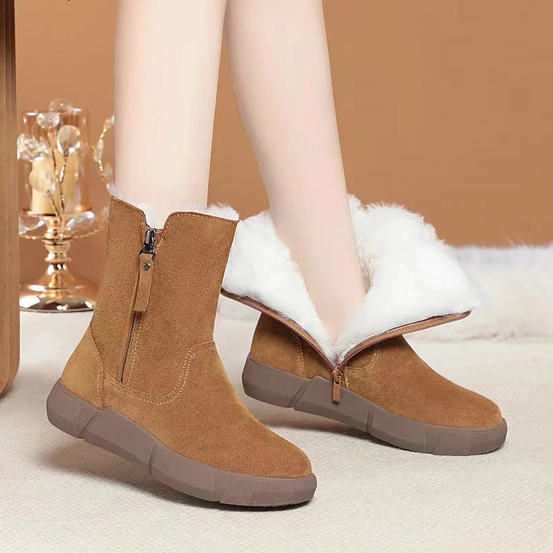 

Fur Integrated Women Snow Boots Northeast Fleece Lined Warm Mid Calf Waterproof Suede Leather Short Cotton Shoes