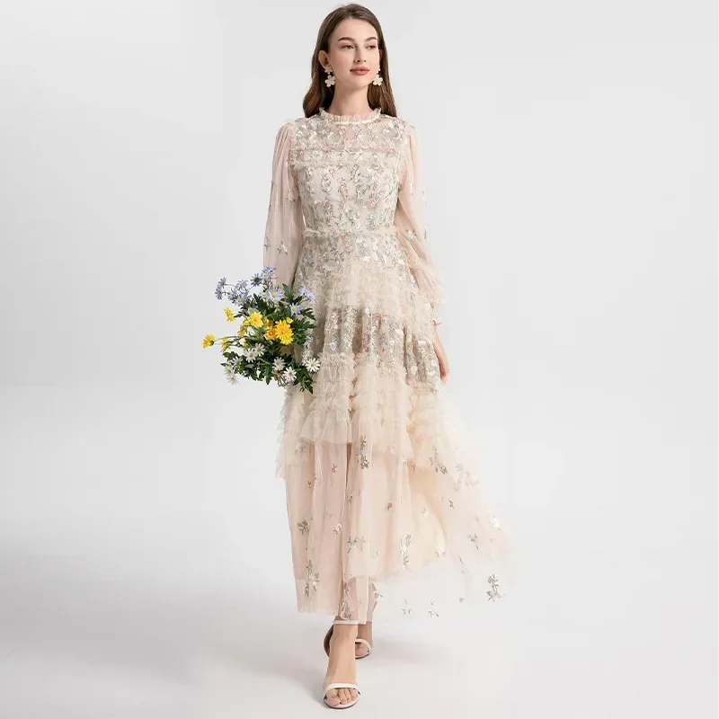 

High-End Feel Luxury Banquet Dress Women's Clothing Embroidered Mesh Fabric Layered Sweep Train Prom Gowns