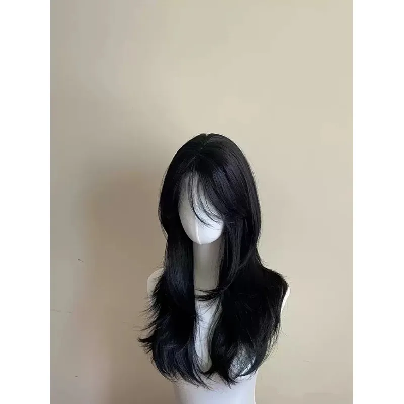 Black Long Layered Wig for Women, Middle Part with French Bangs Synthetic Hair Wig, Invisible Natural Full Head Wig