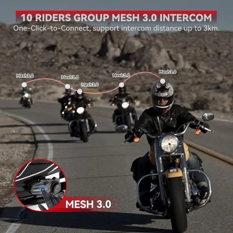 X10 10 Riders Group Mesh Motorcycle Intercom, 3000m Motorcycle Bluetooth Headset V5.3 with Audio Multitasking