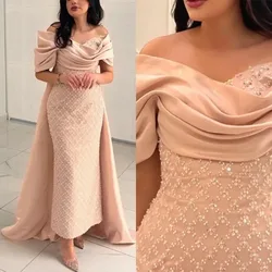 Prom Dresses Pink Sleeveless Sweep Length Formal Women Sequins Evening Gowns Off The Shoulder Saudi Arabia Wedding Party Dress