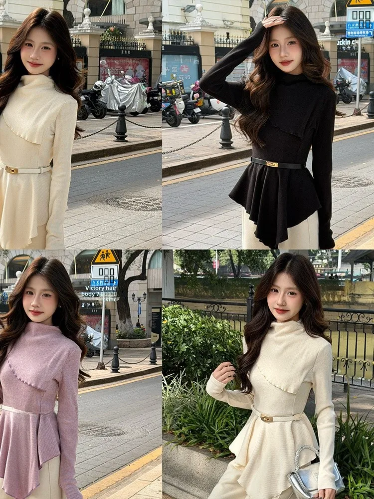 

Ароматизированный топ с поясом Асимметричная длинная све Зимний дизайн Утягивающая футболка свободного покроя с высокой талией во французском стиле