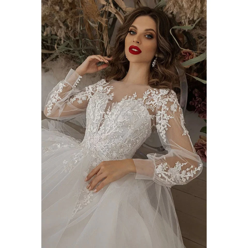 Moda Avorio Abito da sposa personalizzato Manica lunga Abiti da sposa Appliques Abiti da sposa bianchi da donna Robe De Mariée Princess